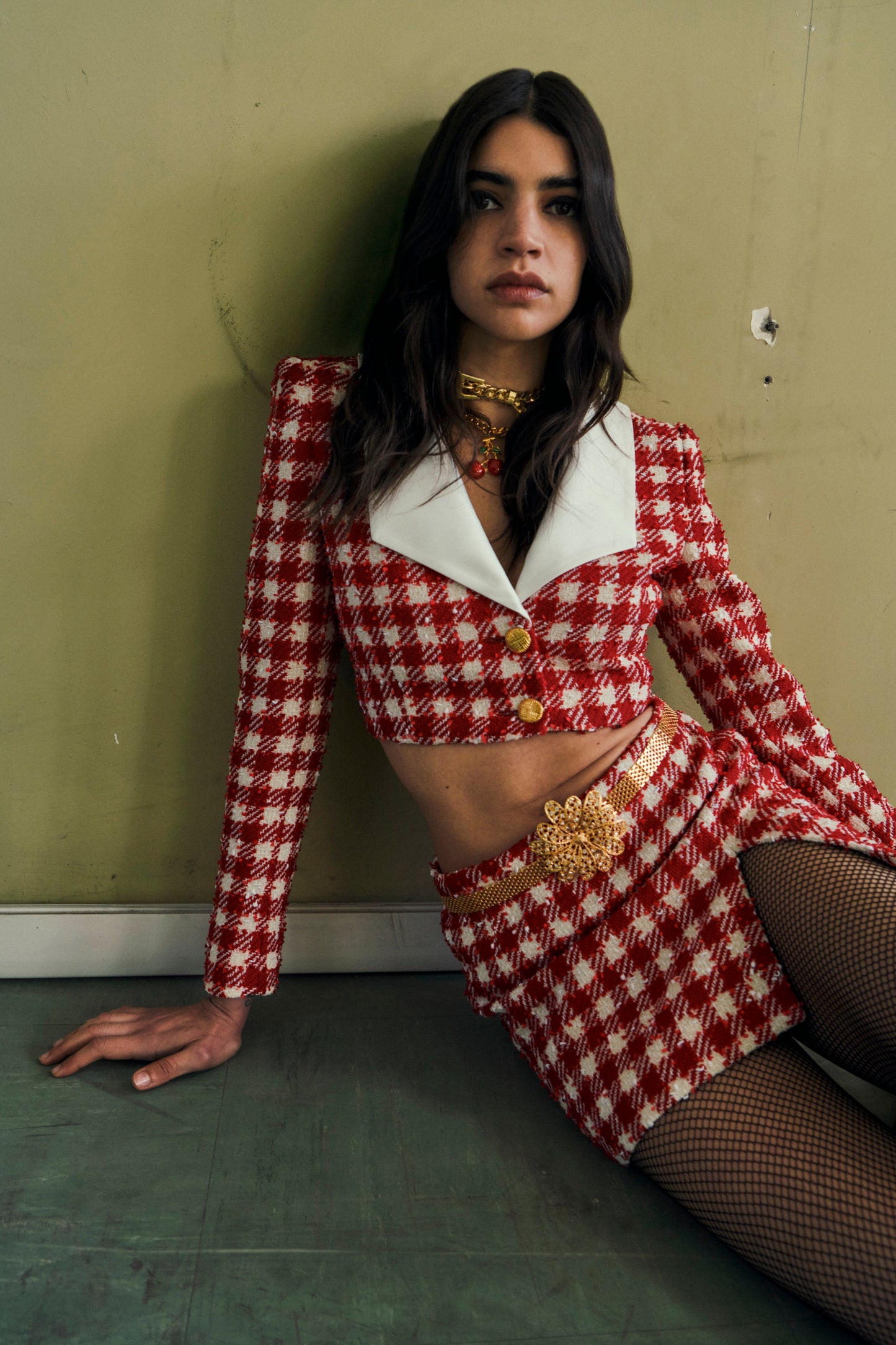 VICHY TWEED CROPPED JACKET WITH MIKADO COLLAR