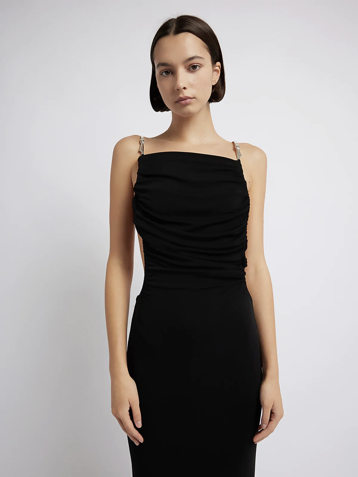 SCULPTED STRAPPED RUCHED DRESS