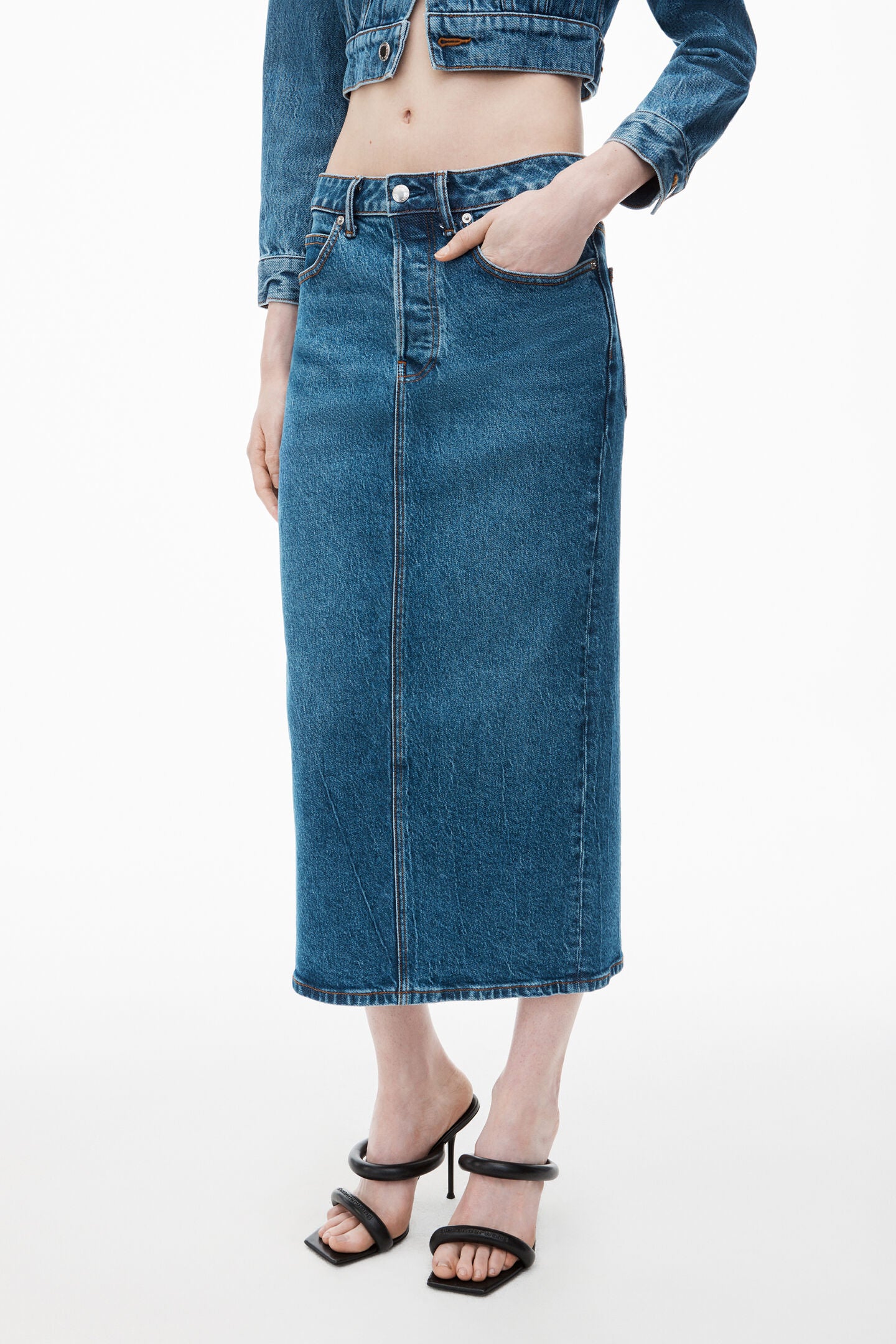 STRETCH DENIM MIDI SKIRT
