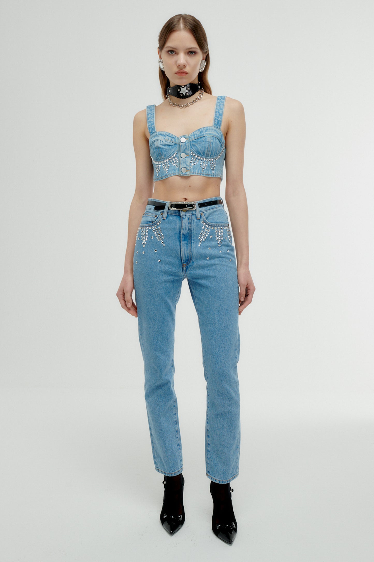 STRAIGHT DENIM JEANS WITH CRYSTAL EMBELLISHMENT