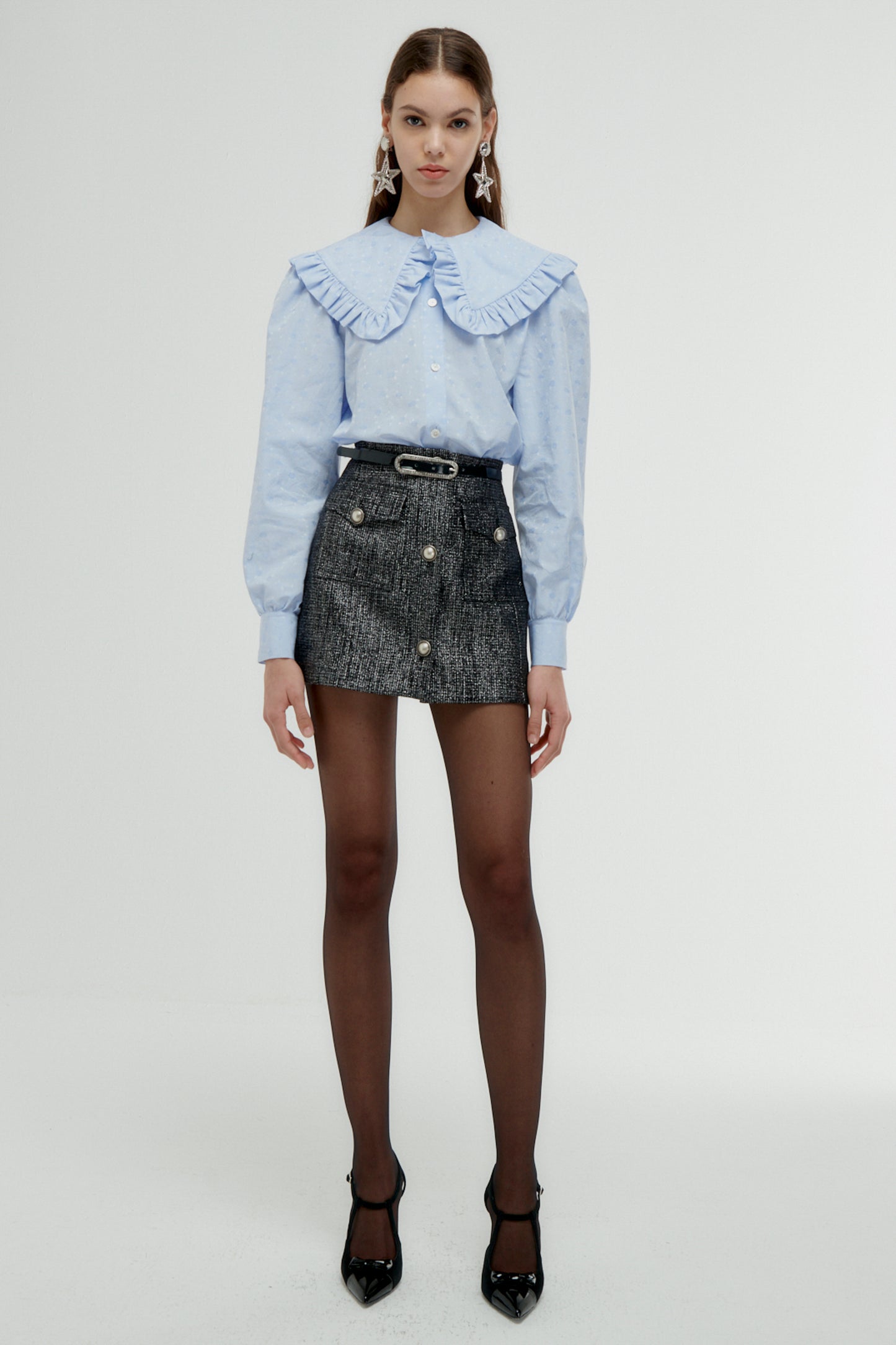 TWEED SILVER LUREX MINI SKIRT WITH BUTTONS