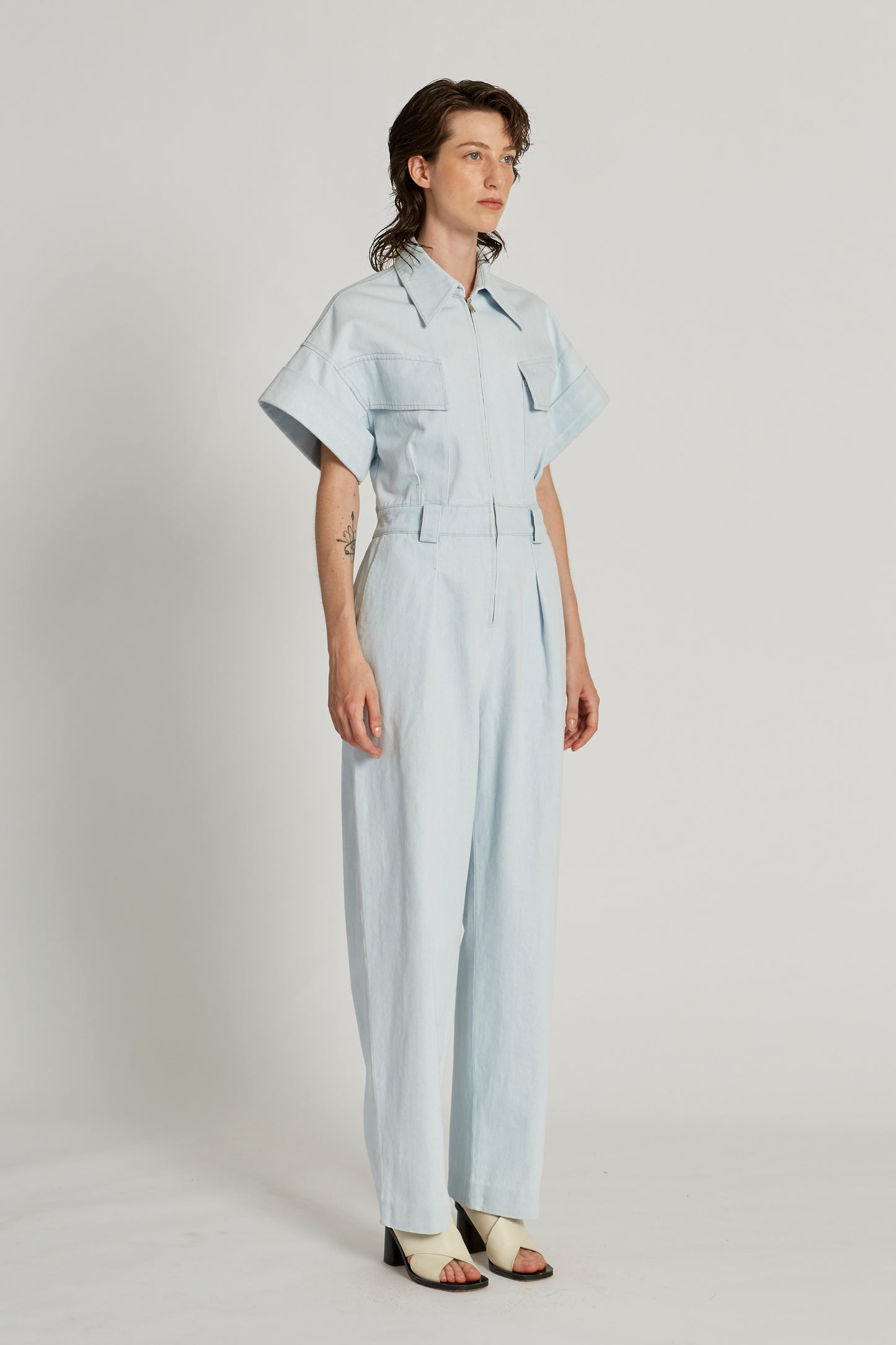 DENIM ZIP-UP WIDESLEEVE JUMPSUIT
