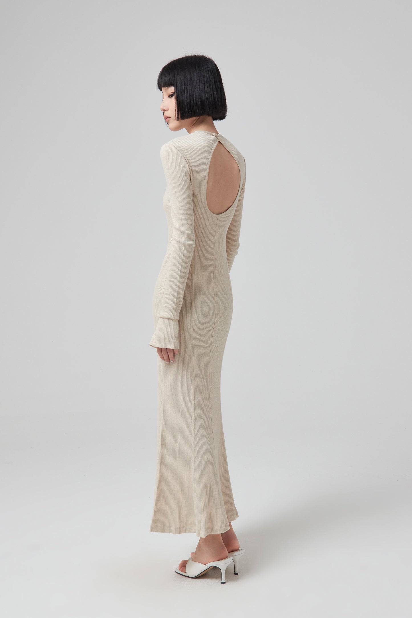 CREW NECK OPEN BACK RIBBED JERSEY DRESS