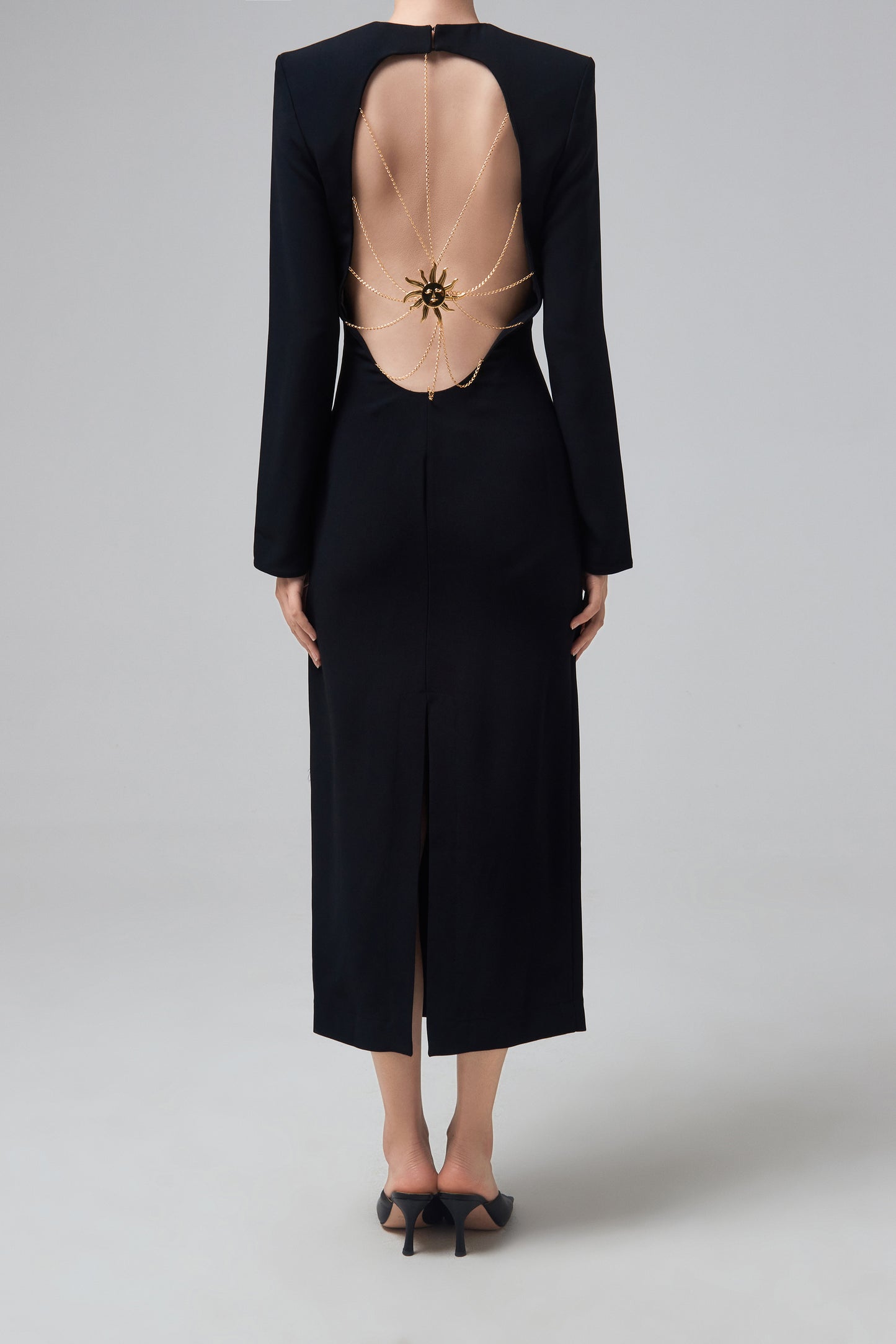 OPEN BACK SABLÉ LONG DRESS WITH SUN JEWEL