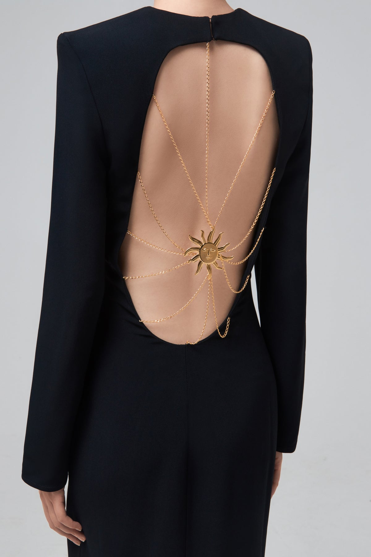 OPEN BACK SABLÉ LONG DRESS WITH SUN JEWEL