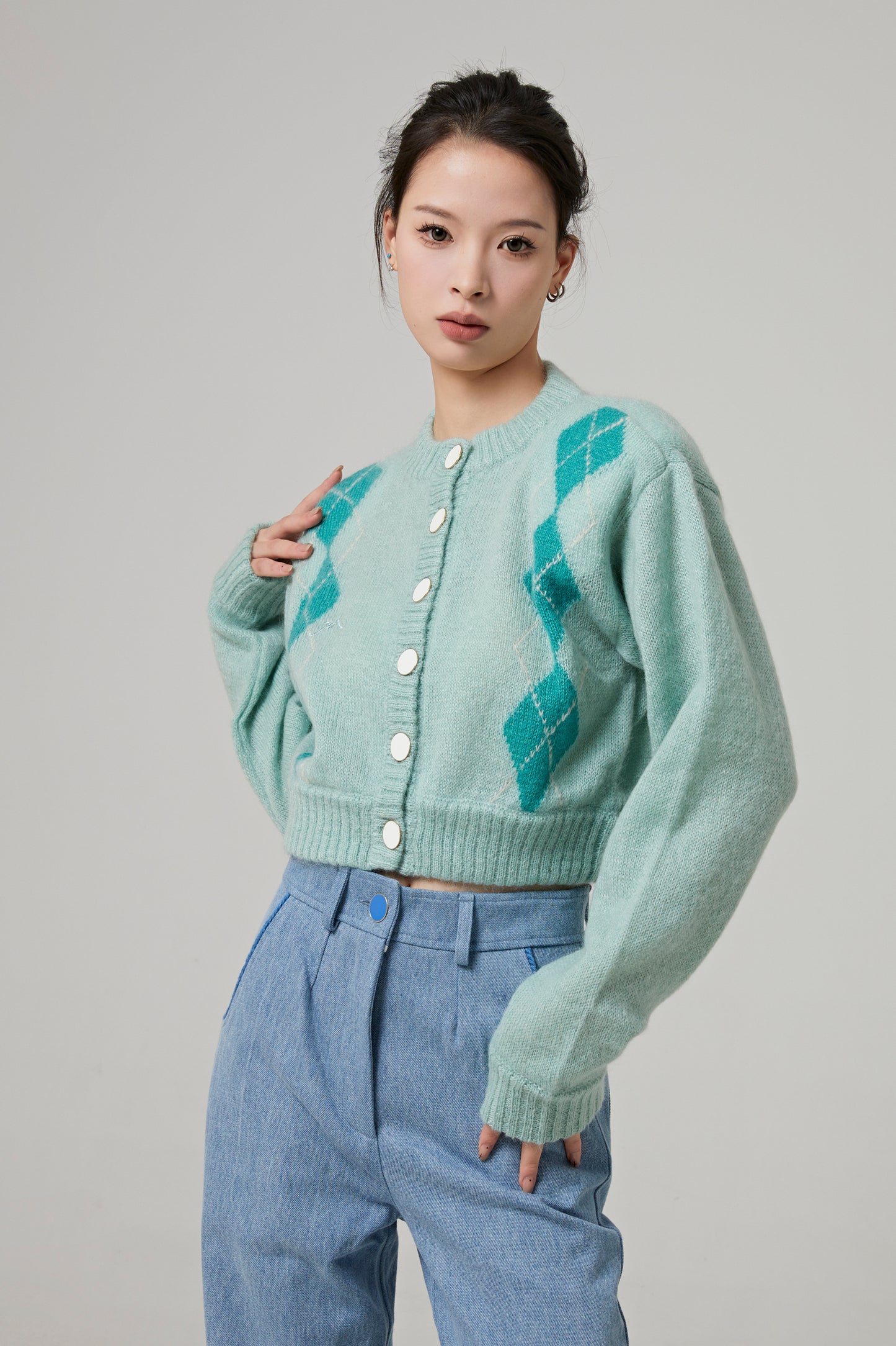 OVERSIZED MOHAIR CROPPED CARDIGAN WITH DIAMOND PATTERN