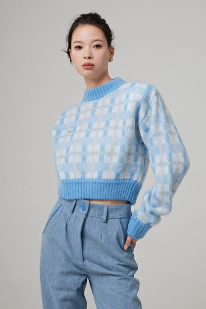 OVERSIZED MOHAIR CROPPED SWEATER WITH CHECKED PATTERN
