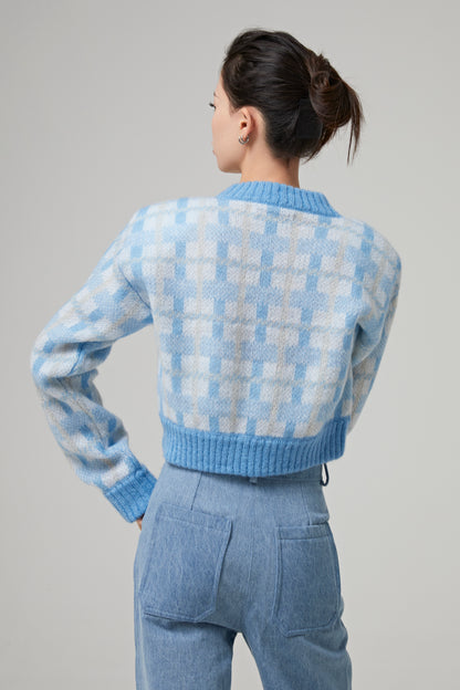 OVERSIZED MOHAIR CROPPED SWEATER WITH CHECKED PATTERN