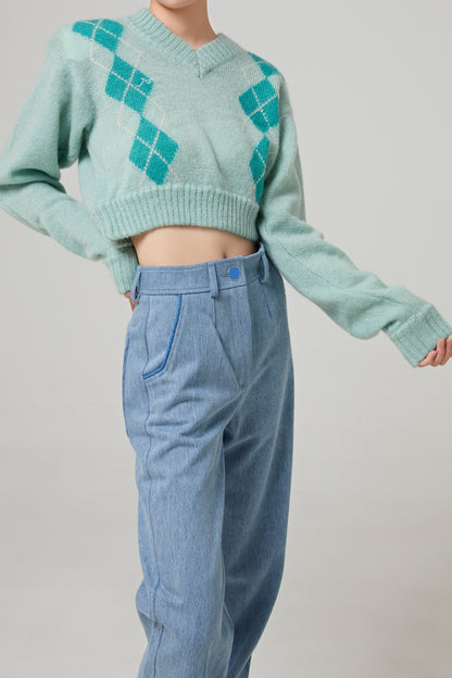 OVERSIZED V NECK CROPPED MOHAIR SWEATER WITH DIAMOND PATTERN