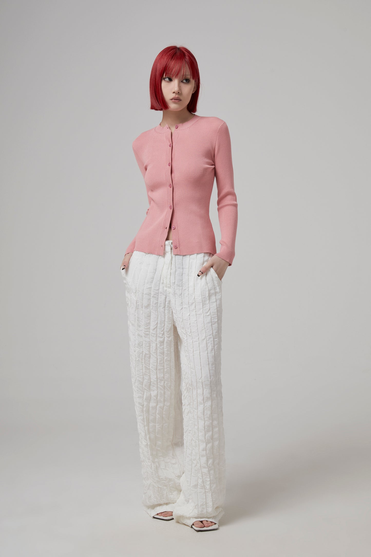 LONG SLEEVE RIBBED BUTTON FRONT CARDIGAN