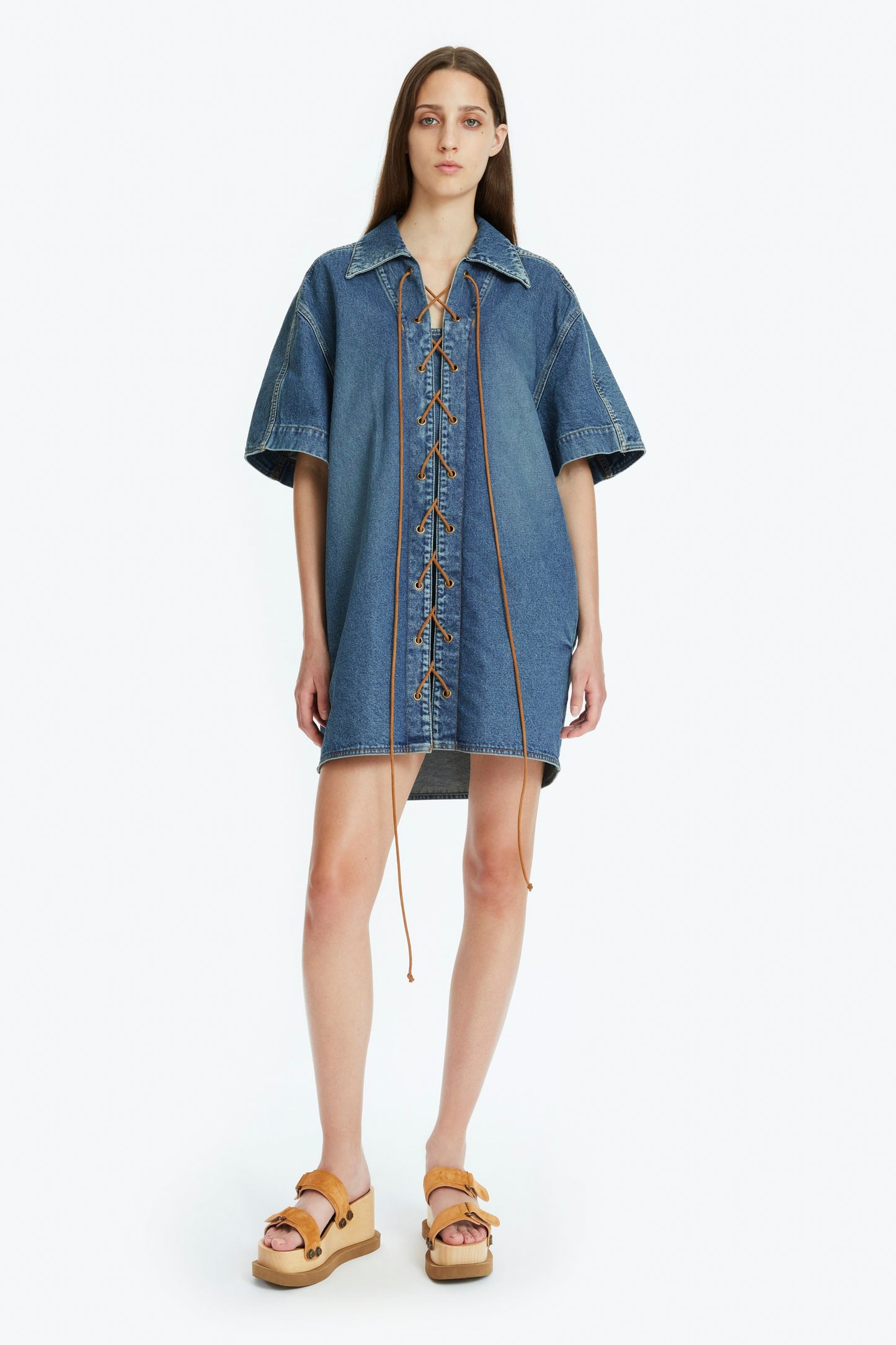 SHORT SLEEVED DENIM TUNIC DRESS WITH TIES