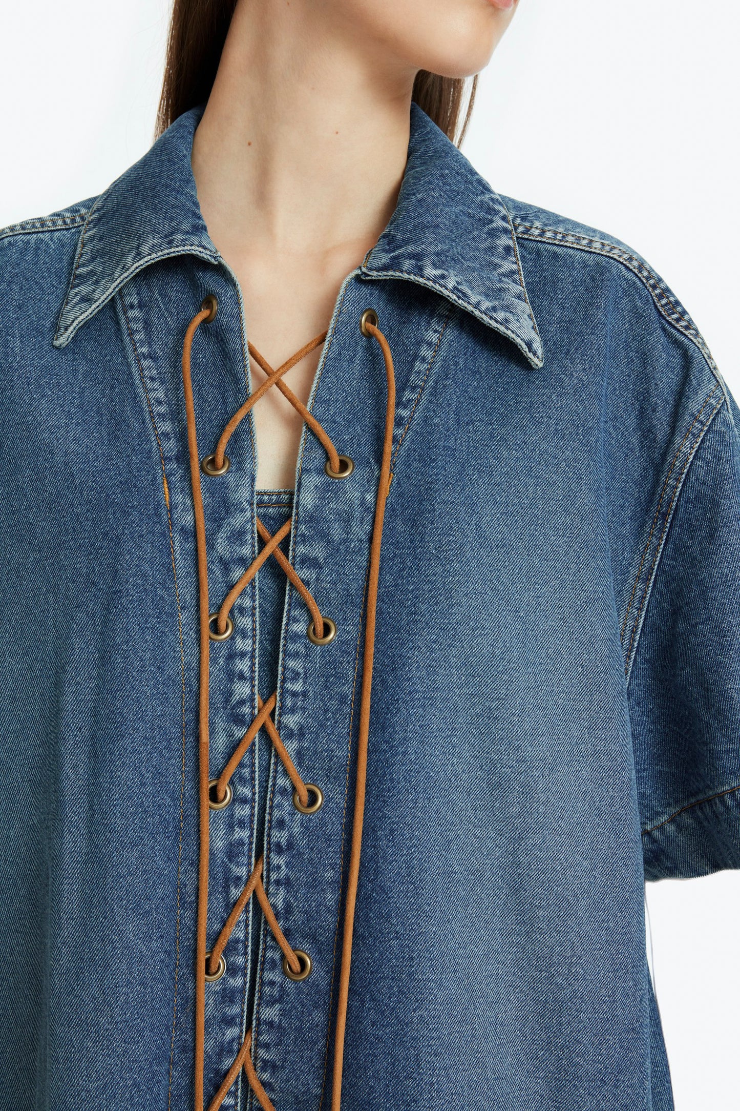 SHORT SLEEVED DENIM TUNIC DRESS WITH TIES