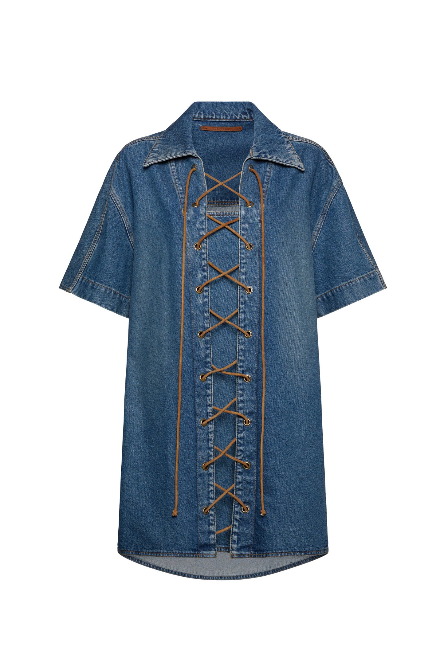 SHORT SLEEVED DENIM TUNIC DRESS WITH TIES