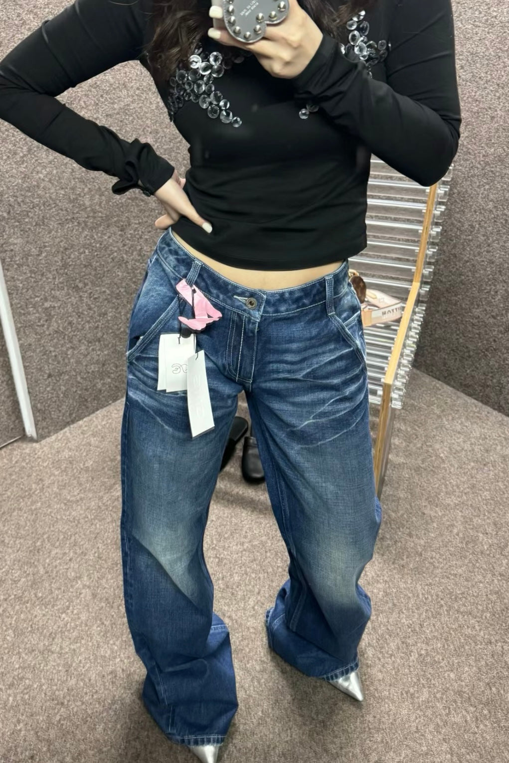 888深蓝低腰宽松牛仔裤