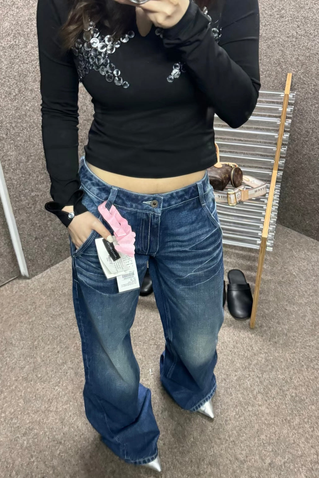 888深蓝低腰宽松牛仔裤