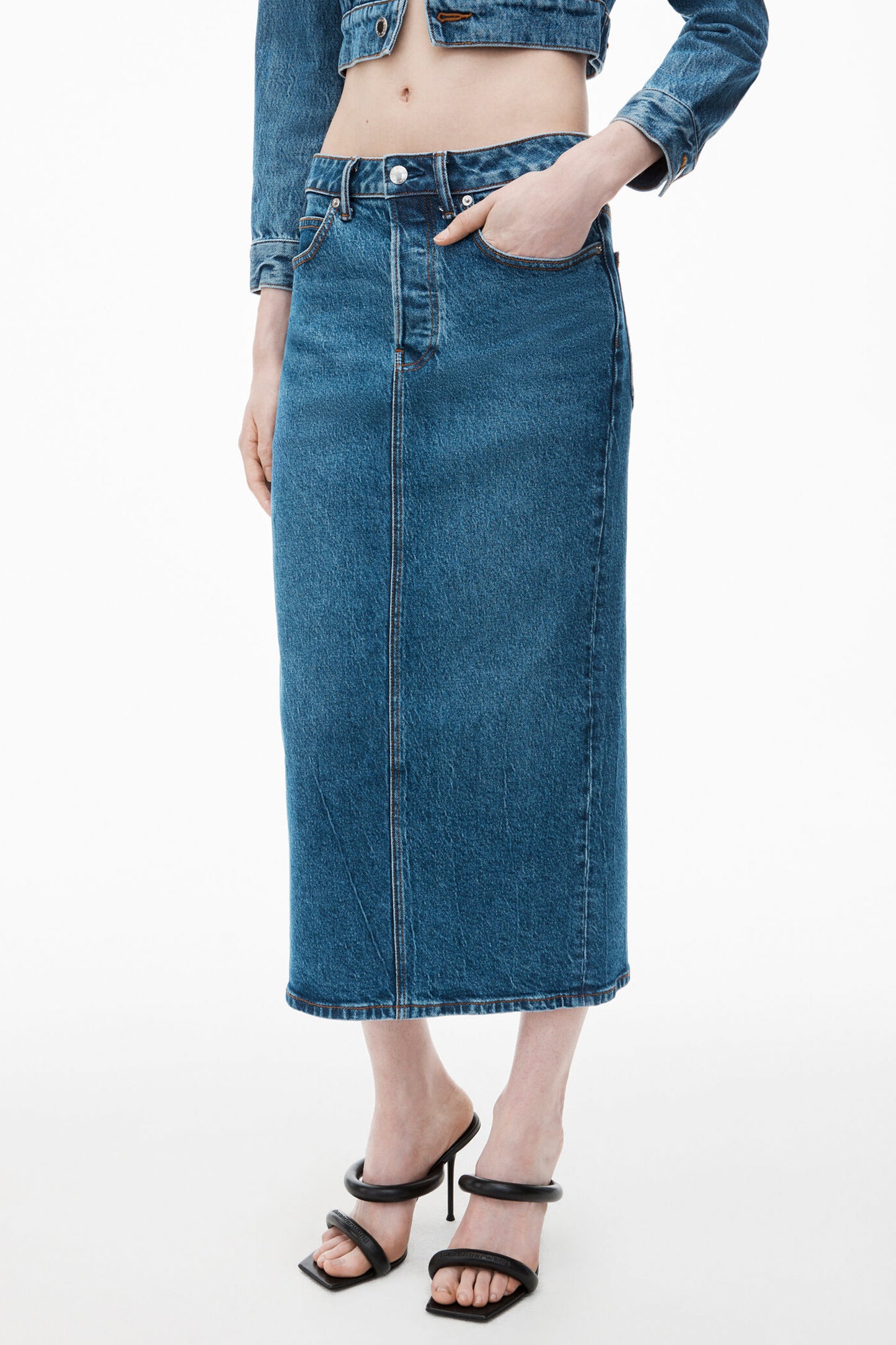 STRETCH DENIM MIDI SKIRT