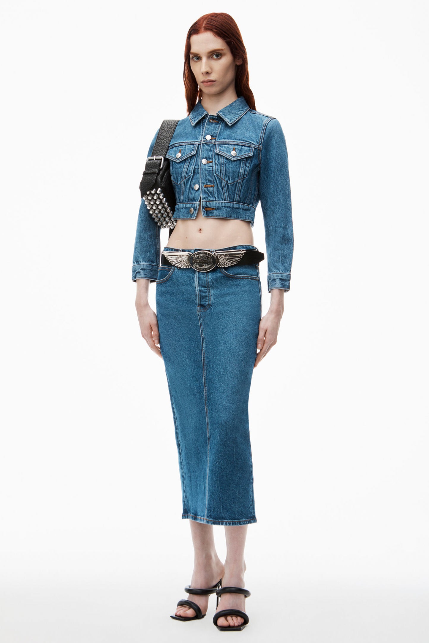 STRETCH DENIM MIDI SKIRT