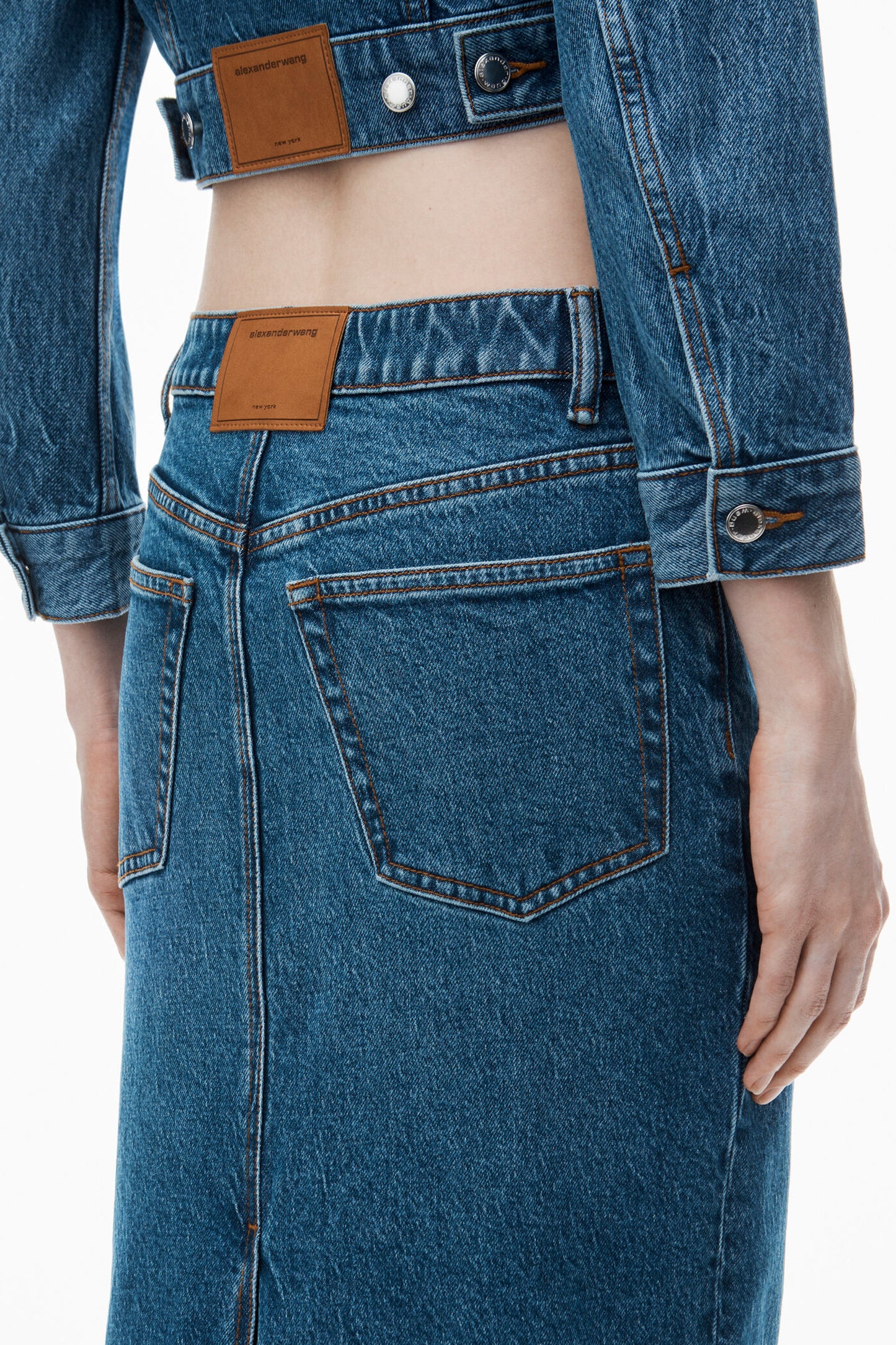 STRETCH DENIM MIDI SKIRT