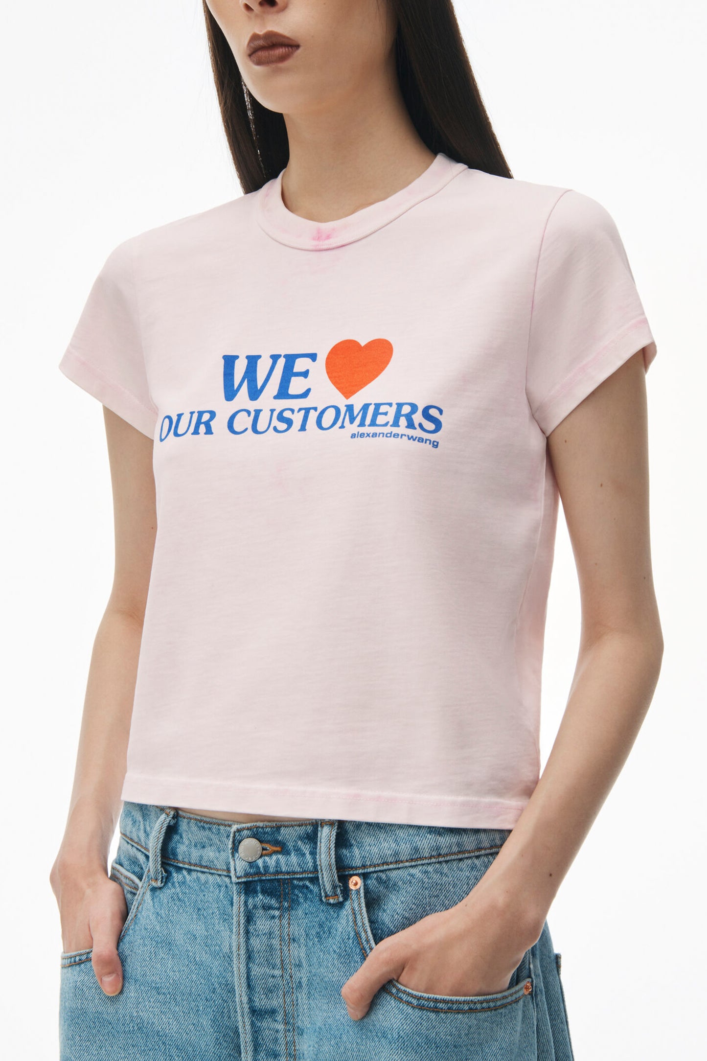 WE LOVE OUR CUSTOMERS SHRUNKEN TEE W/BLEACH WASH