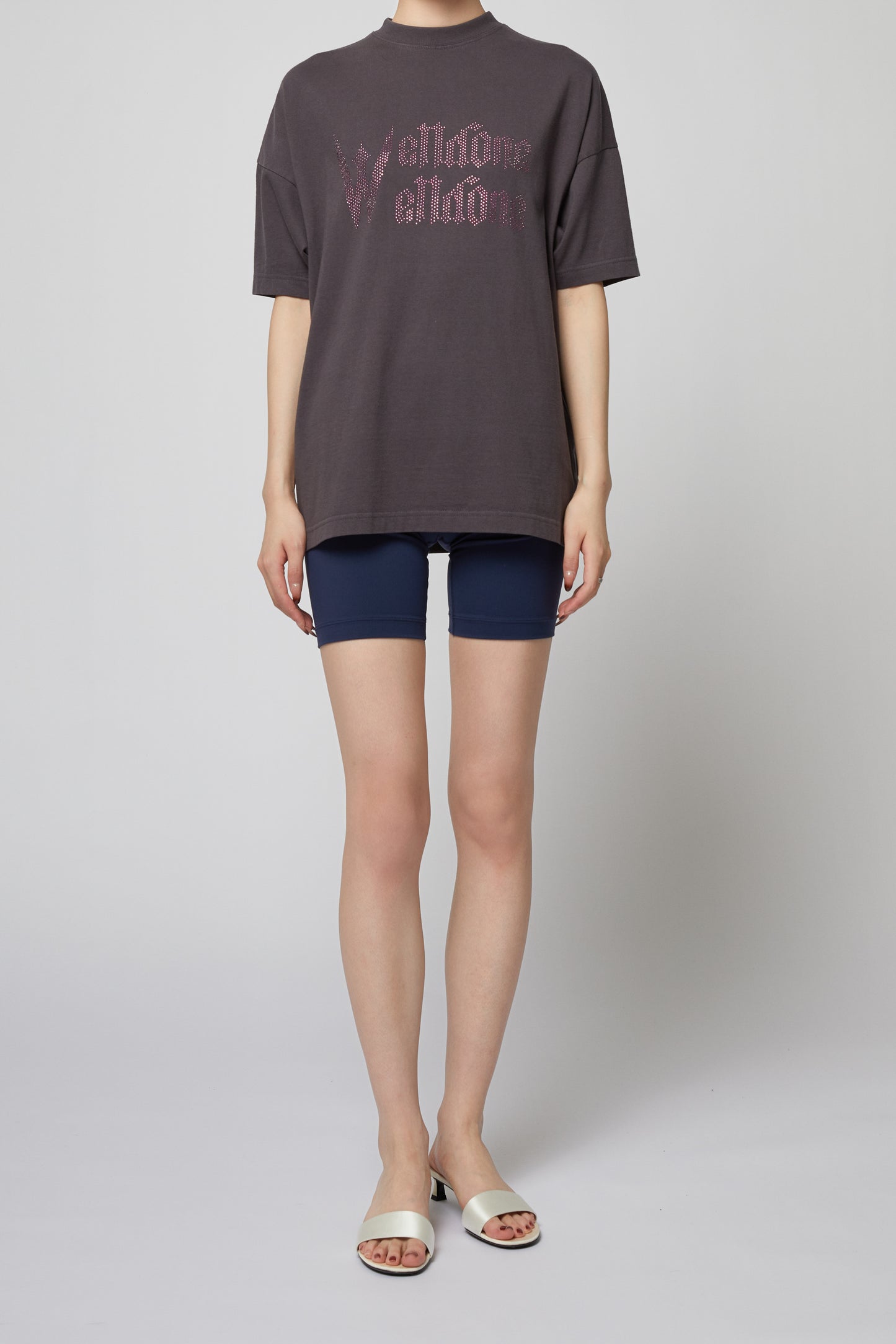 DARK GREY LOGO RHINESTONE SHORT-SLEEVED T-SHIRT