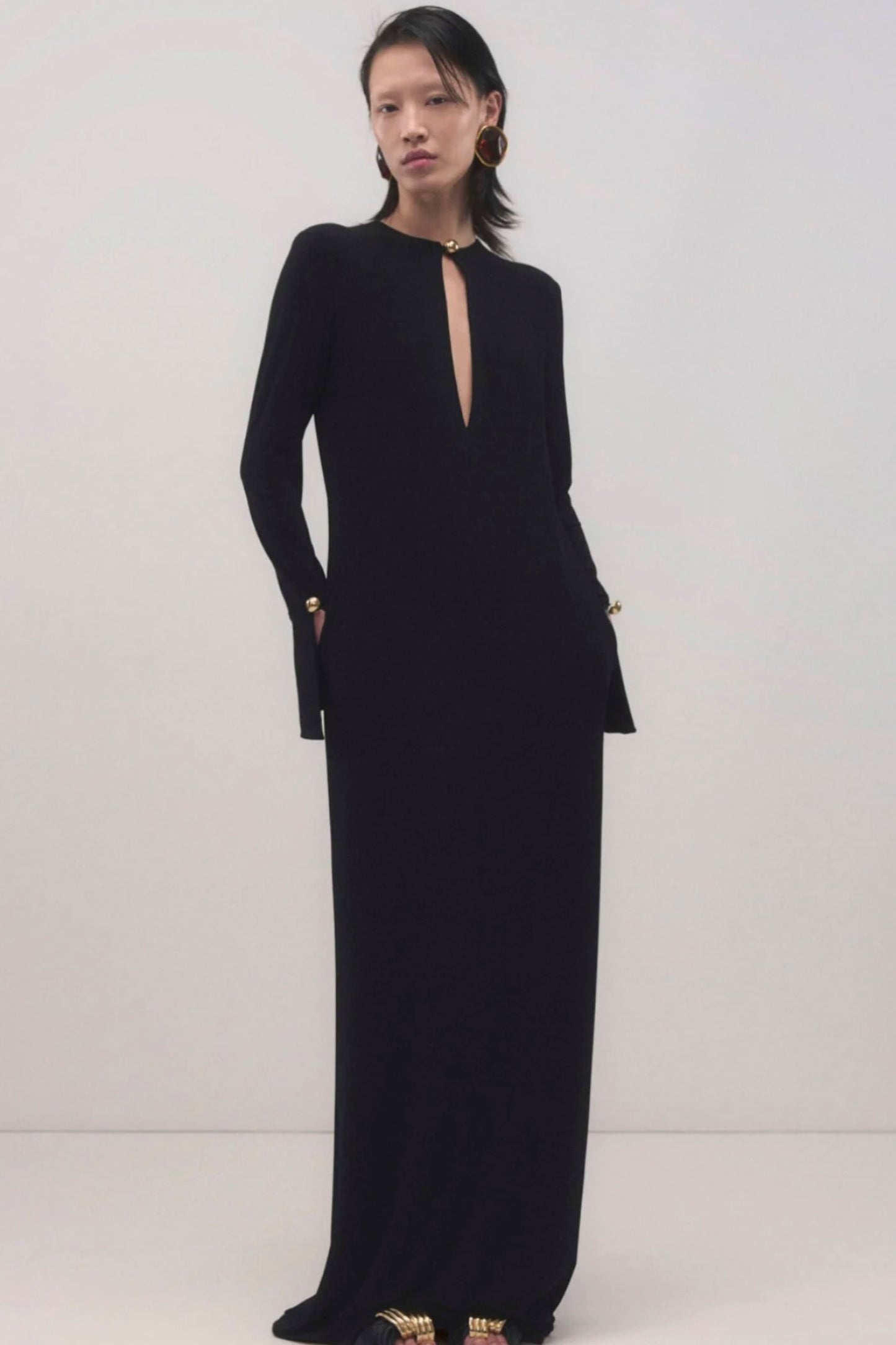 THE SYLVIE LONG SLEEVE PLUNGE NECKLINE MAXI