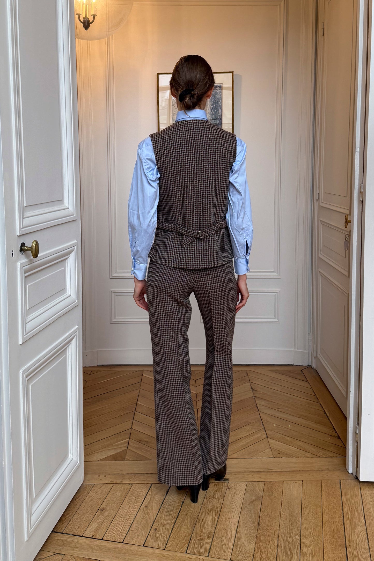 THE LUCIA VEST WOOL HOUNDSTOOTH HUNTER GREEN AND BERRY RED