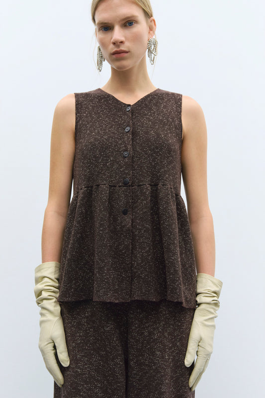 FLECKED COTTON PEPLUM TOP BROWN