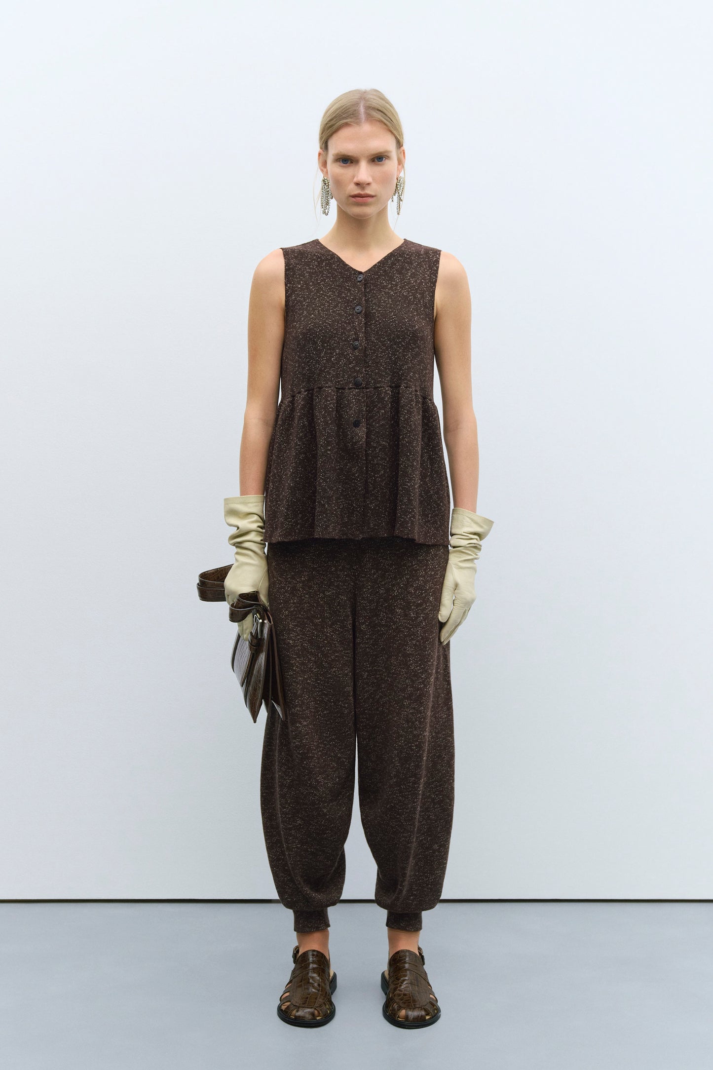 FLECKED COTTON PEPLUM TOP BROWN