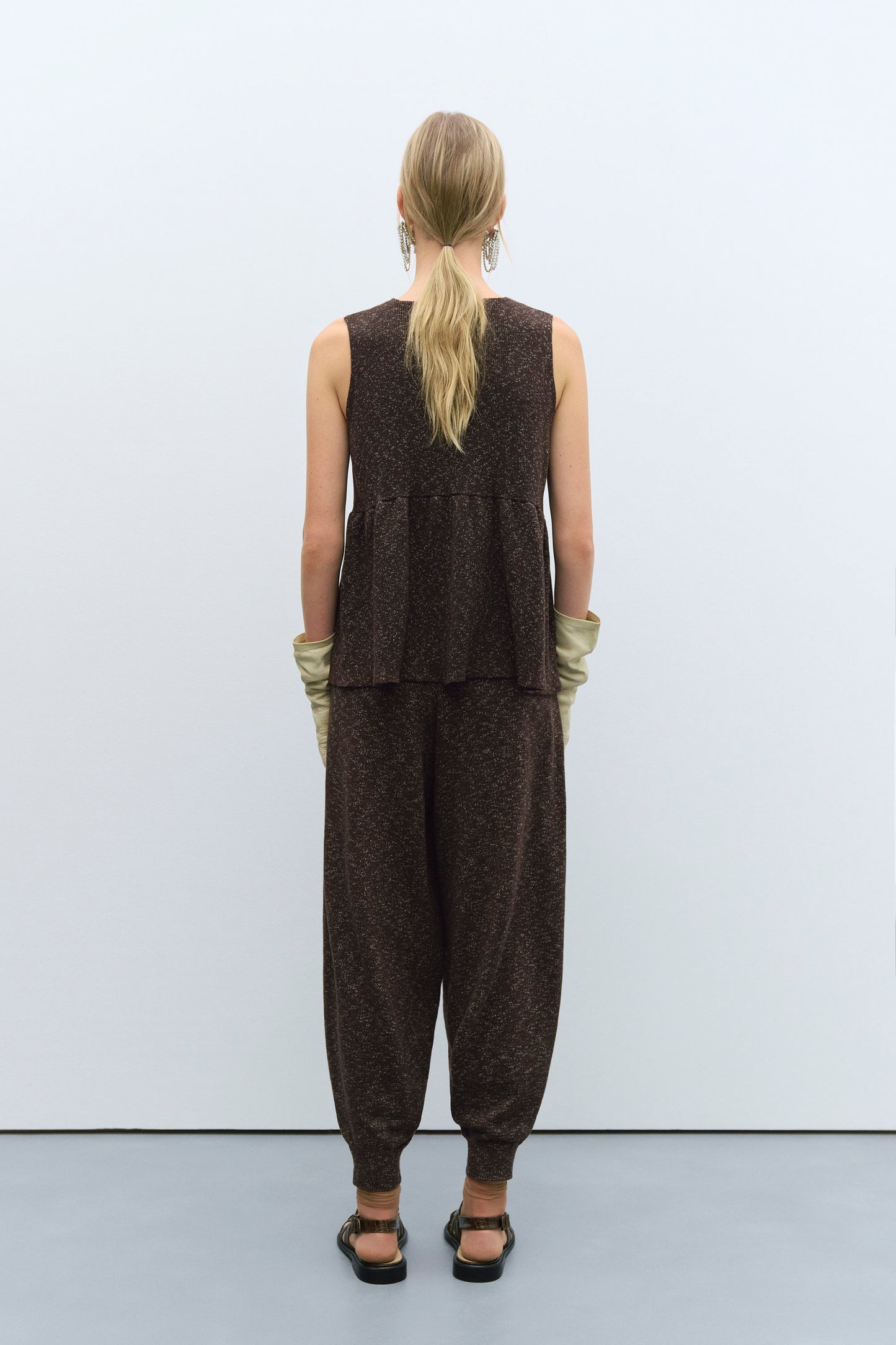 FLECKED COTTON PEPLUM TOP BROWN