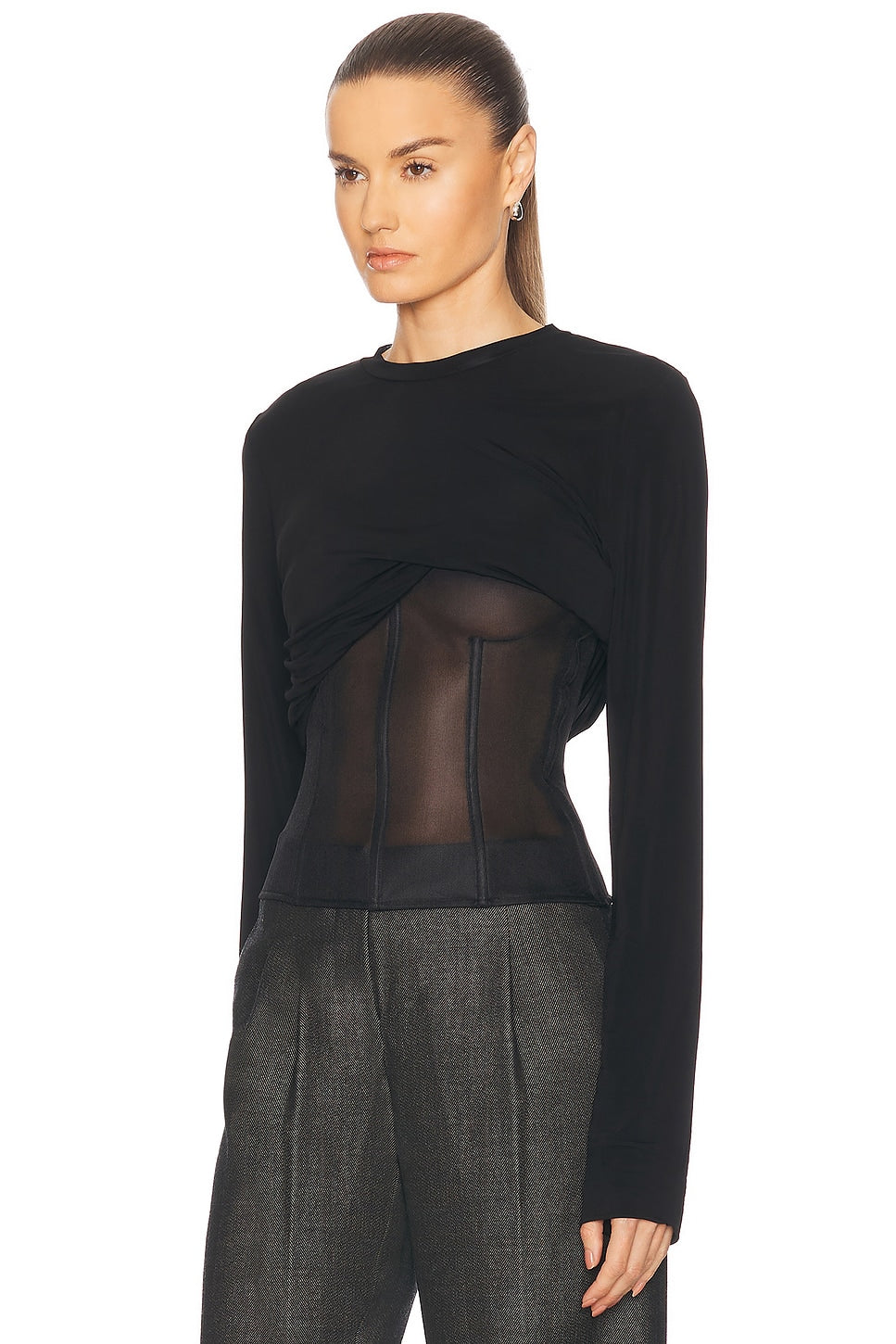 COILED JERSEY CORSETED L/S TEE