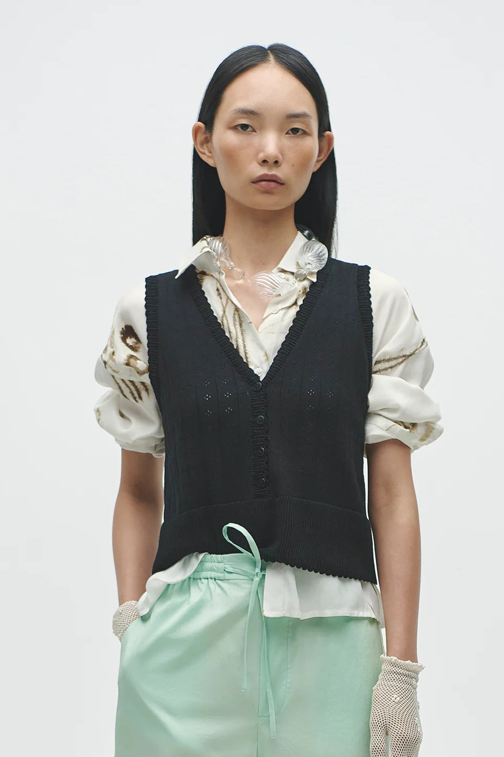 ORGANIC COTTON POINTELLE WAISTCOAT BLACK