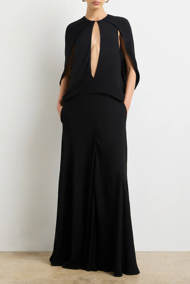 THE JILLIAN DEEP V CAPE DRESS W/ ELASTIC WAISTBAND – CHICUN