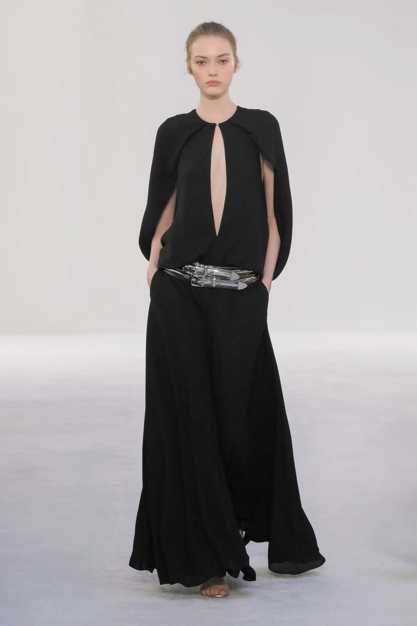 THE JILLIAN DEEP V CAPE DRESS W/ ELASTIC WAISTBAND