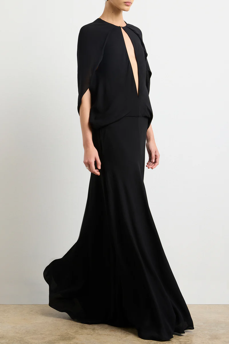 THE JILLIAN DEEP V CAPE DRESS W/ ELASTIC WAISTBAND