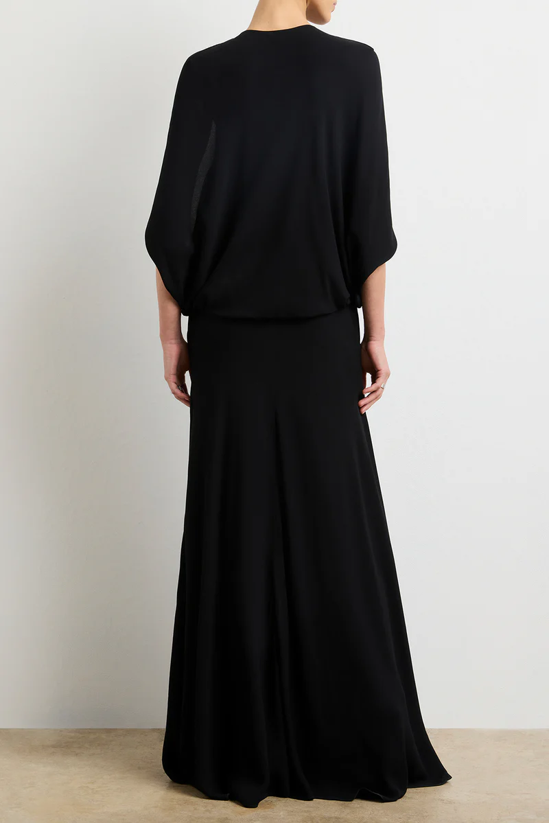 THE JILLIAN DEEP V CAPE DRESS W/ ELASTIC WAISTBAND