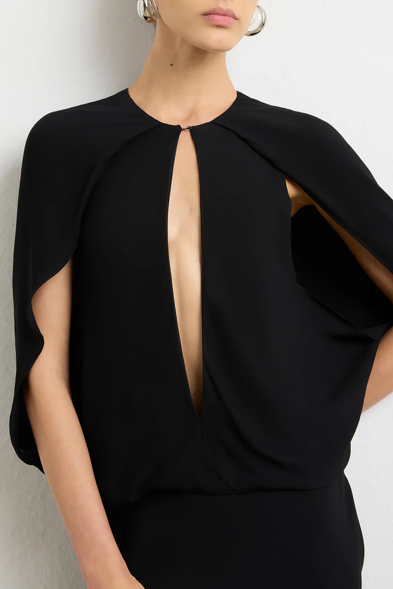 THE JILLIAN DEEP V CAPE DRESS W/ ELASTIC WAISTBAND