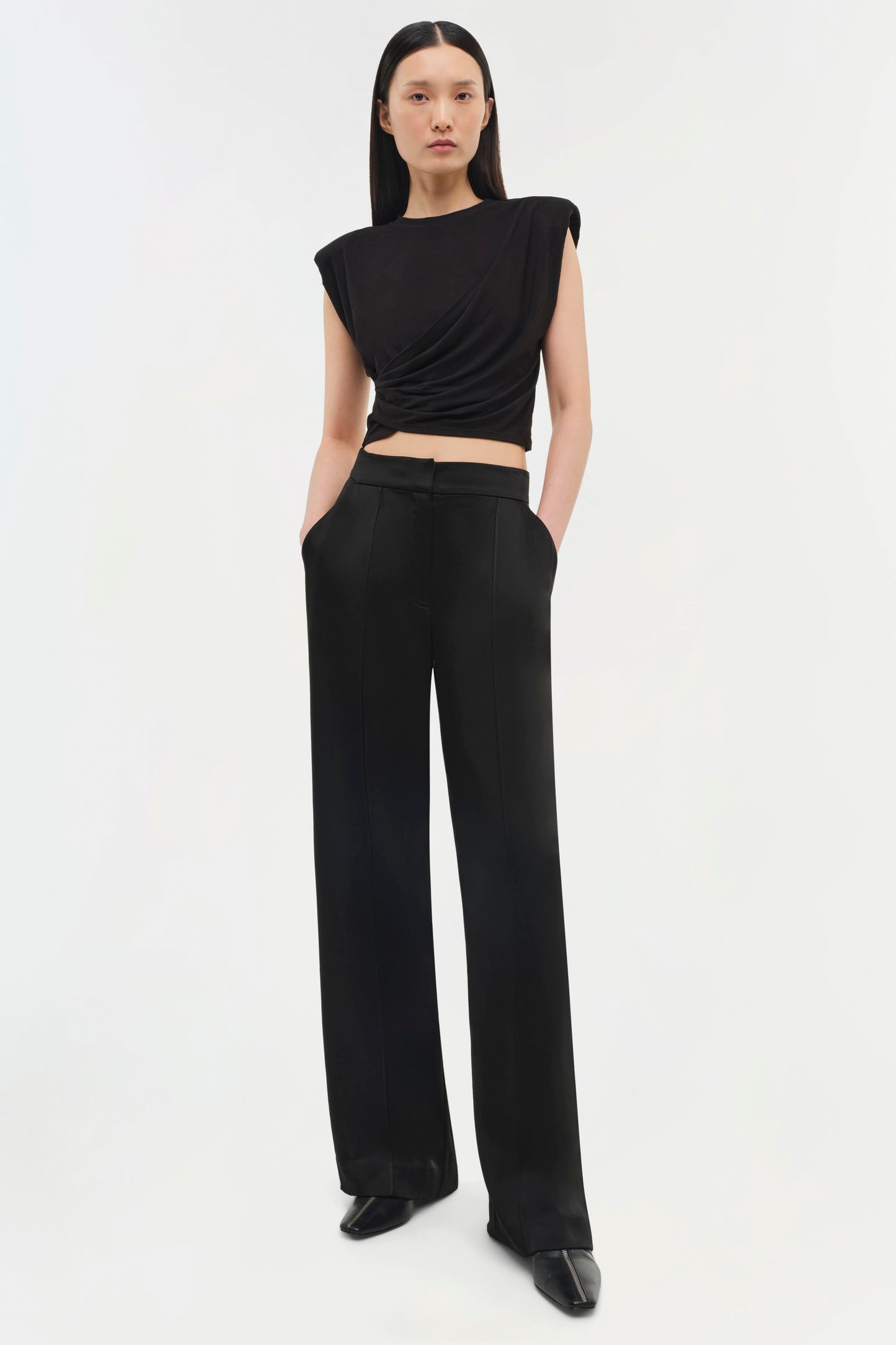 ESTELLE CLEAN STRETCH JERSEY WRAP FRONT CROP T SHIRT