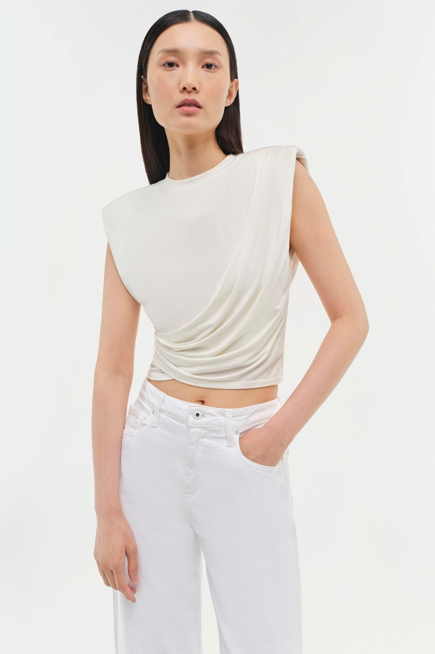 ESTELLE CLEAN STRETCH JERSEY WRAP FRONT CROP T SHIRT