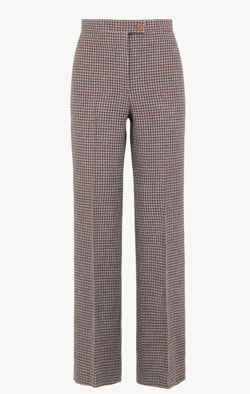 THE LAURA TROUSERS WOOL HOUNDSTOOTH HUNTER GREEN AND BERRY RED