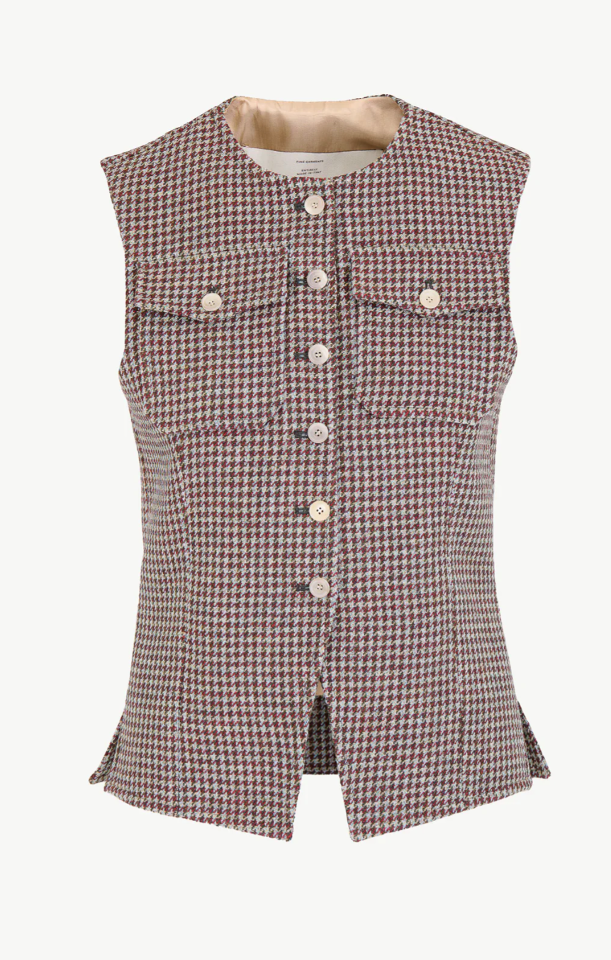 THE LUCIA VEST WOOL HOUNDSTOOTH HUNTER GREEN AND BERRY RED