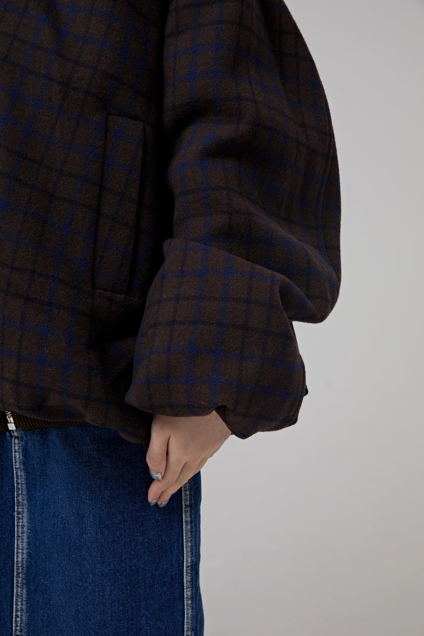 BROWN WOOL CHECK SHIRRING OVERSIZED JUMPER