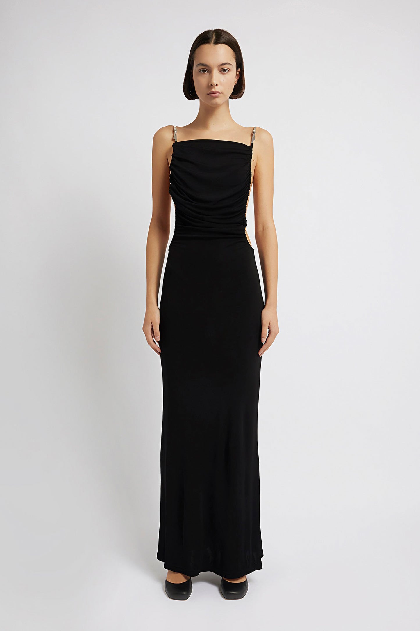 SCULPTED STRAPPED RUCHED DRESS
