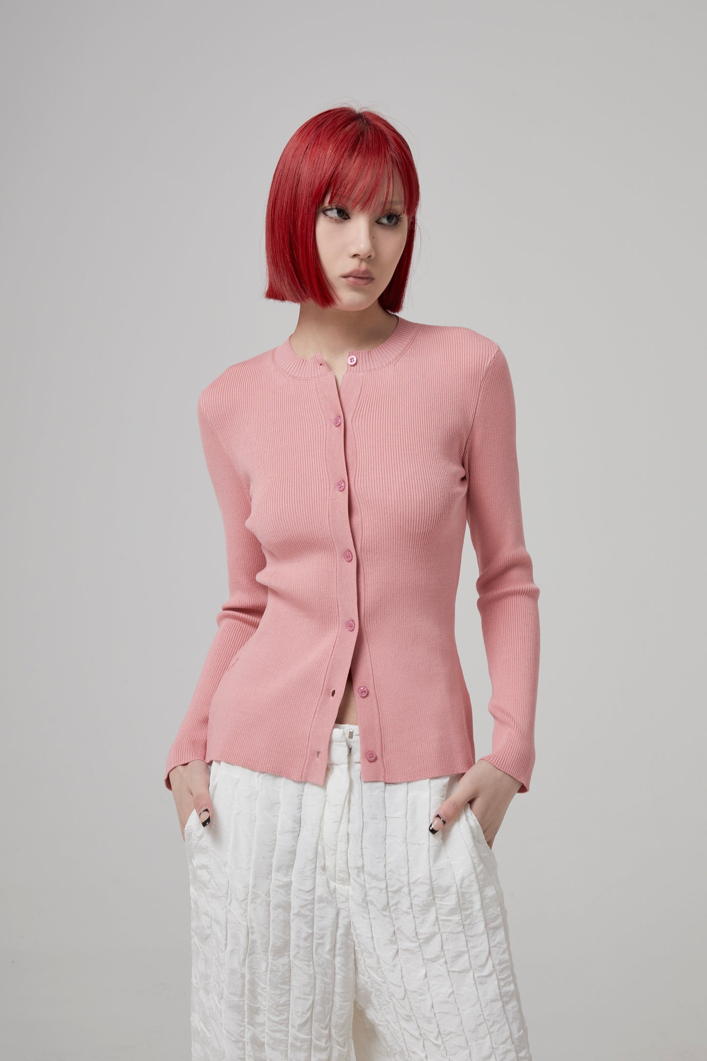 LONG SLEEVE RIBBED BUTTON FRONT CARDIGAN