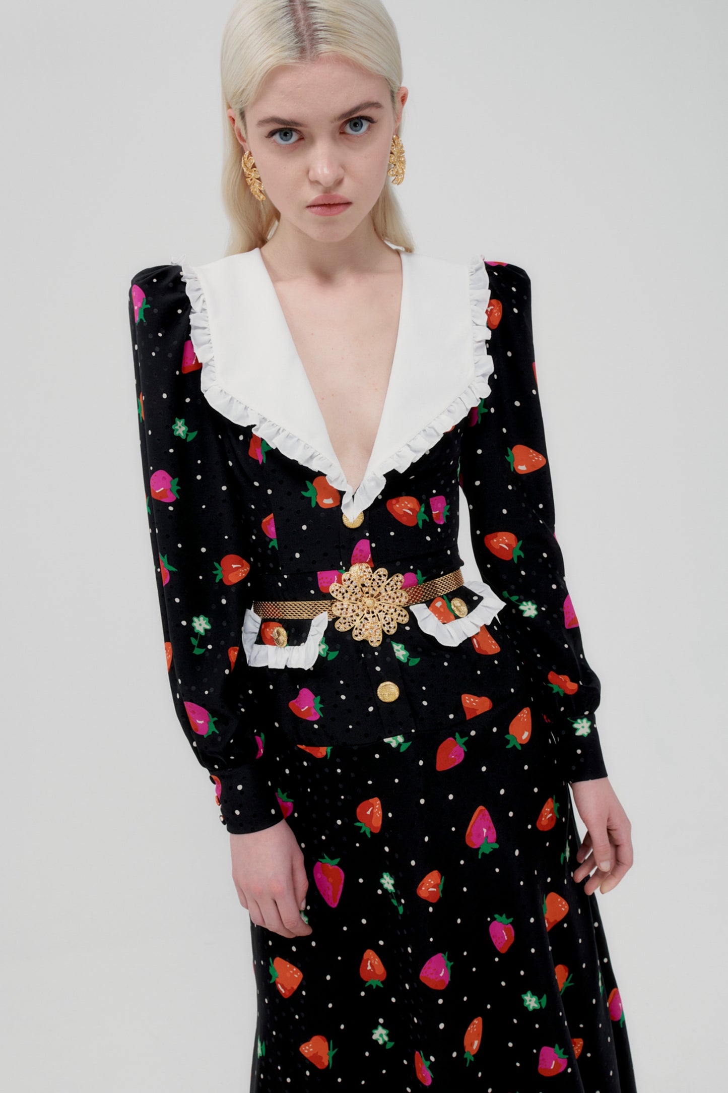 STRAWBERRY PRINT SILK JACQUARD DRESS WITH COLLAR