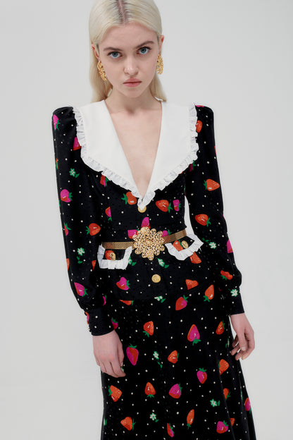 STRAWBERRY PRINT SILK JACQUARD DRESS WITH COLLAR