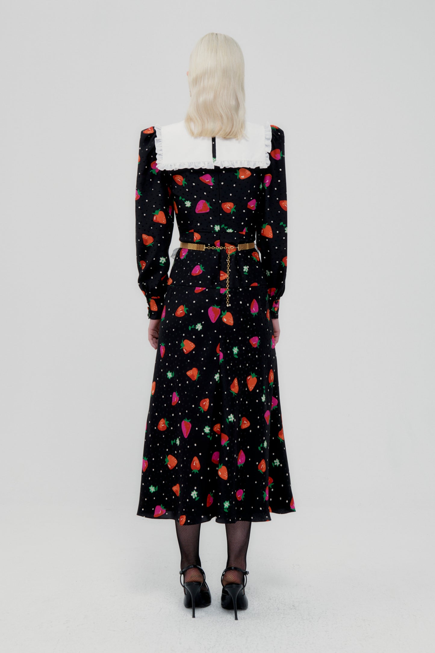 STRAWBERRY PRINT SILK JACQUARD DRESS WITH COLLAR