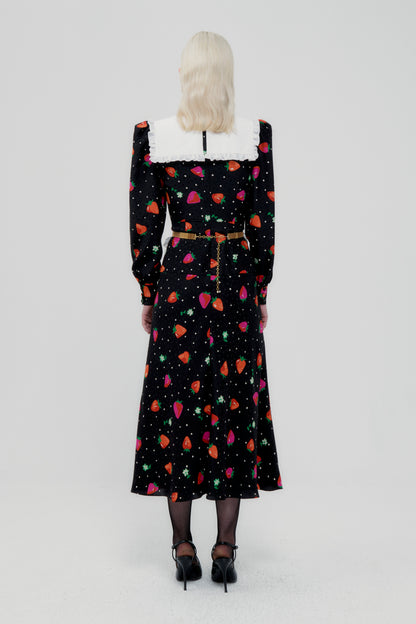 STRAWBERRY PRINT SILK JACQUARD DRESS WITH COLLAR