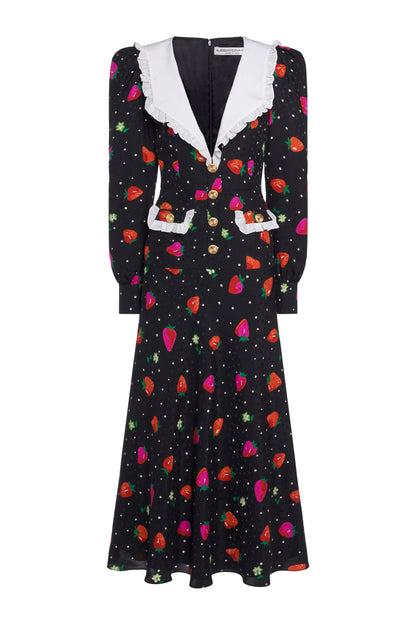 STRAWBERRY PRINT SILK JACQUARD DRESS WITH COLLAR