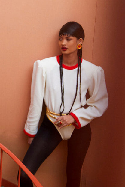 Wool Round Neck Bodysuit with Contrasted Details