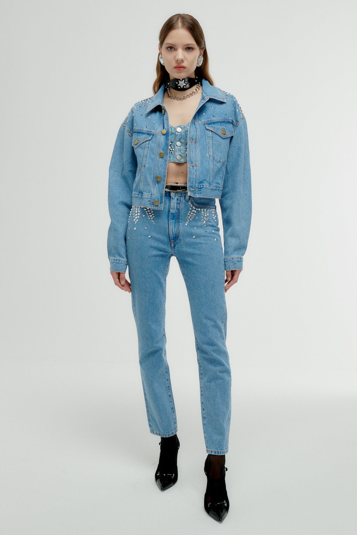 DENIM JACKET WITH CRYSTAL EMBELLISHMENT